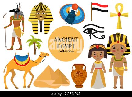 Antico Egitto set oggetti clip art. Collezione elementi di design strega stregone coleotteri, faraone, piramide, ankh, Anubis, cammello, geroglifico antico Illustrazione Vettoriale