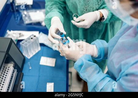 Professionisti medici che indossano guanti in lattice per esaminare le provette di campionamento in laboratorio. Foto Stock