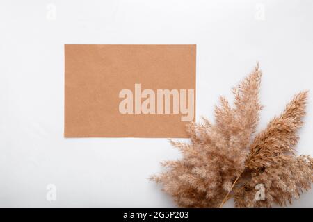 Terroso beige colore bianco carta artigianale nota invito mockup con fiore secco ramo pampas Reed. Mockup vuoto per il biglietto di auguri di nozze. Elegante Foto Stock