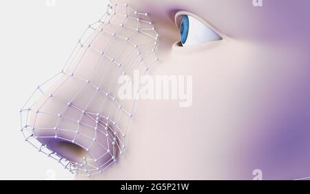 illustrazione 3d della chirurgia plastica. Rete e linee nella pelle e procedura per eliminare rughe e difetti estetici del naso Foto Stock