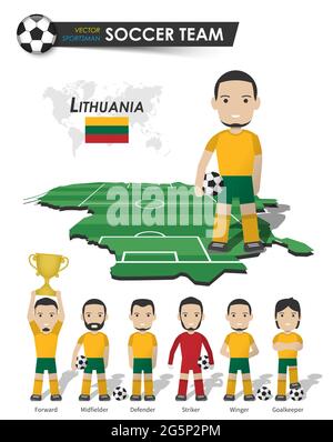 Nazionale della Coppa di calcio lituana . Giocatore di calcio con maglia sportiva stand su prospettiva campo mappa paese e mappa del mondo . Set di posiz. Calciatore Illustrazione Vettoriale