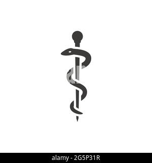 Rod of aesculapius o icona vettoriale nera di asclepio. Simbolo del serpente di pronto soccorso. Illustrazione Vettoriale