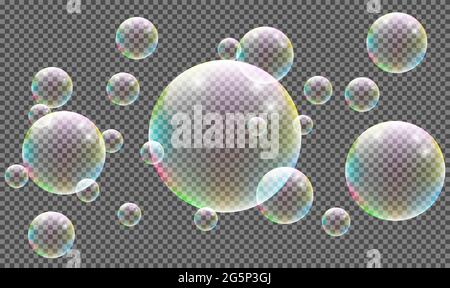 Set di bolle di sapone colorate e trasparenti, realistiche, isolate su sfondo trasparente. Texture vettoriale. Illustrazione Vettoriale