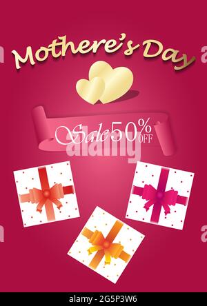 Banner vendita giorno della mamma con scatole regalo su sfondo rosa, festa della mamma 50% di vendita illustrazione vettoriale. Illustrazione Vettoriale