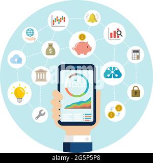 Investimento mobile ( robot ADVISOR, fin tech apps ) illustrazione banner rotonda Illustrazione Vettoriale