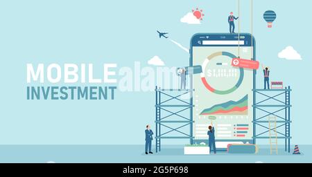 Illustrazione banner vettoriale degli investimenti mobili ( robot ADVISOR, fin tech apps ) Illustrazione Vettoriale