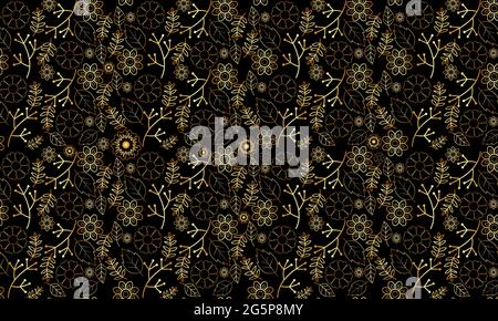 Fiori d'oro e disegni foglia su sfondo nero. Motivo vintage senza cuciture. Ornamenti di stile orientale. Illustrazione vettoriale. Illustrazione Vettoriale
