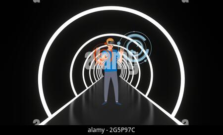 Giovane uomo che indossa occhiali per realtà virtuale nel luminoso tunnel al neon. Uomo sorridente che usa il visore VR per spostare l'oggetto. Backgrou di rendering 3D Foto Stock