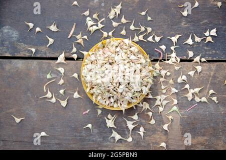 Primo piano di spinaci nel recipiente di plastica su fondo di legno Foto Stock