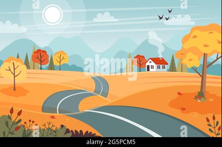 Strada autunnale. Paesaggio con montagne e colline. Illustrazione vettoriale in stile piatto Illustrazione Vettoriale