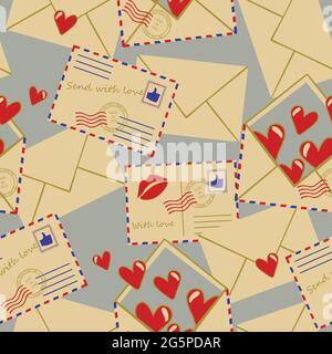 Motivo vettoriale senza cuciture con inviluppi retrò e cuori d'amore su sfondo blu. Design romantico della carta da parati con lettere d'amore. Illustrazione Vettoriale