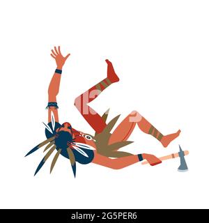 Guerriero indiano nativo americano, ferito durante una battaglia. Cartoon, immagine vettoriale piatta isolata su sfondo bianco Illustrazione Vettoriale