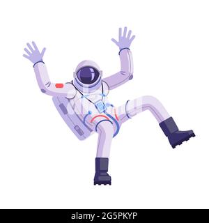 Astronauta o astronauta personaggio con mani in su e sventolando Ciao. Cosmonaut danzare, gesto divertente. Illustrazione vettoriale cartoon isolata in bianco Illustrazione Vettoriale