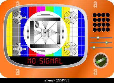 TV vintage con pattern di prova e sottotitolo nessun segnale, offline, disturbo, segno di errore, vettore, segno di errore sito web giù, vettore Illustrazione Vettoriale