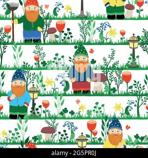 Gnomo da giardino fiabesco in un cappuccio, con rastrello. Motivo vettoriale senza cuciture. Illustrazione colorata e luminosa dei fiori Illustrazione Vettoriale