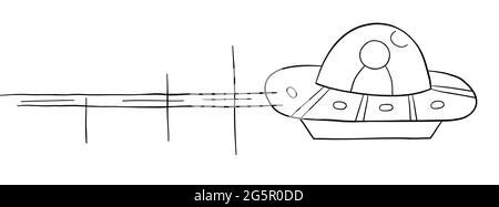 Cartoon vettore illustrazione di volo UFO. Contorno nero e colore bianco. Illustrazione Vettoriale