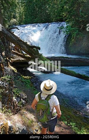 Un'escursione per anziani di mezza età nelle Cascade Mountains dell'Oregon centrale. Foto Stock