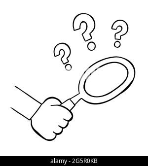 Illustrazione vettoriale cartoon della lente d'ingrandimento e dei punti interrogativi, esaminare. Contorno nero e colore bianco. Illustrazione Vettoriale