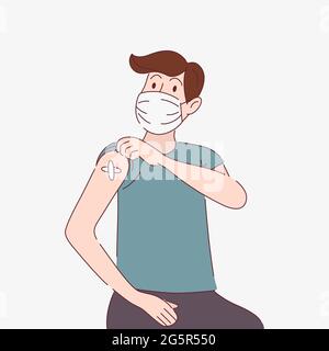 Uomo vaccinato in maschera protettiva , con braccio vaccinato. Paziente dopo aver ricevuto il vaccino Covid-19. Concetto di vaccinazione. Assistenza sanitaria, diagnostica Illustrazione Vettoriale