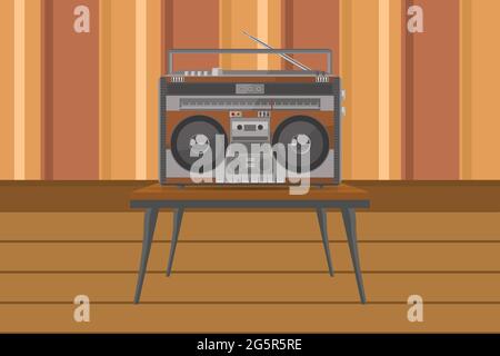 Radio portatile vintage sul tavolo con design piatto Illustrazione Vettoriale