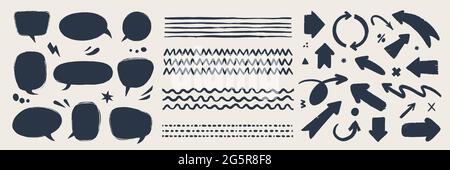 Frecce vettoriali astratte, bolle e tratti. Vari elementi doodle per presentazioni e infografiche con texture grunge. Astratto disegnato a mano Illustrazione Vettoriale