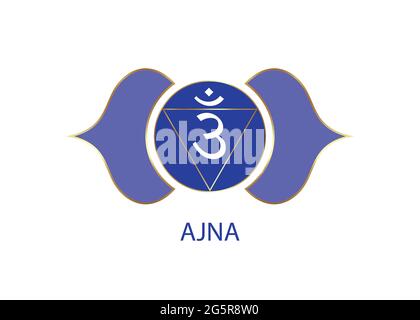 Terzo occhio chakra Ajna modello logo. Il sesto chakra frontale, la meditazione sacrale del segno, il blu di yoga e il vettore rotondo viola mandala icona isolato su whit Illustrazione Vettoriale
