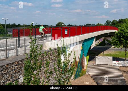 Nuova pista ciclabile e ponte pedonale, sezione della RS1, Radschnellweg Ruhr, su Boulevard Berthold-Beitz, a Essen, NRW, Germania Foto Stock