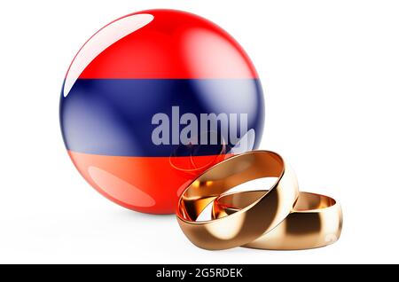 Matrimoni in Armenia concetto. Anelli di nozze con bandiera armena. Rendering 3D isolato su sfondo bianco Foto Stock