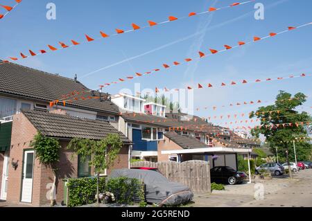 Strada decorata in arancione nei Paesi Bassi per il Campionato europeo di calcio Foto Stock