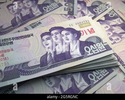 Denaro della Corea del Nord. La Corea del Nord ha vinto i conti. Banconote KPW. 50 vinto. Affari, finanza, notizie di fondo. Foto Stock