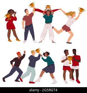 Persone con Champion Cup, premio e vettore di vittoria Illustrazione Vettoriale