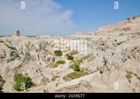 Formazioni rocciose, formazioni di Chadron, nel Badlands National Park erodero Buttes e Pinnacles nel South Dakota, USA Foto Stock