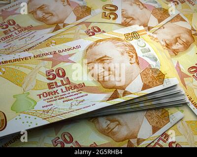 Denaro della Turchia. Lira turche fatture. PROVARE le banconote. 50 liralare. Affari, finanza, notizie di fondo. Foto Stock