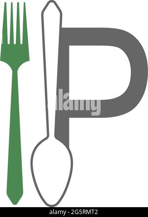 Lettera P con logo forcella e cucchiaio immagine vettoriale Illustrazione Vettoriale