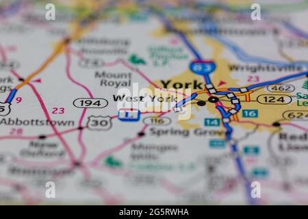 West York Pennsylvania USA visualizzata su una mappa geografica o su una mappa stradale Foto Stock