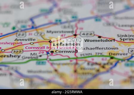 Libano Pennsylvania USA su una mappa geografica o su una mappa stradale Foto Stock