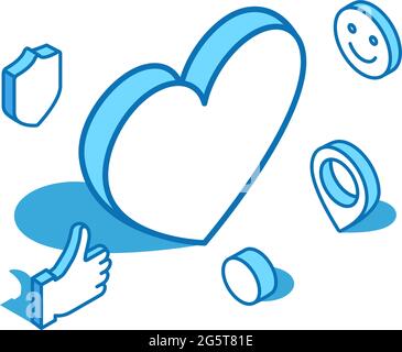 Illustrazione della linea isometrica del cuore. Beneficenza, donazione, come il modello di banner 3D. Illustrazione Vettoriale
