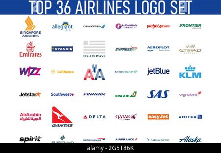 Set di logo di 36 compagnie aeree top del mondo. Illustrazione Vettoriale