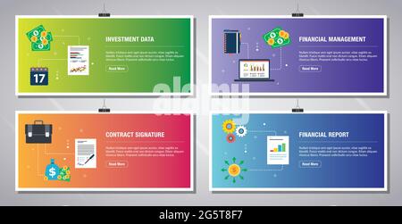 Modello di banner Web in vettore con icone di dati di investimento, gestione finanziaria, firma del contratto e report finanziario. Icone di progettazione piatta in sezione Illustrazione Vettoriale