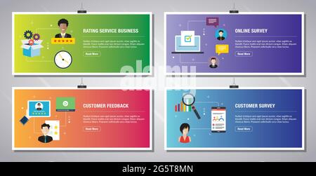 Modello di banner Web in vettoriale con icone di attività di rating, sondaggio online, feedback dei clienti e sondaggio dei clienti. Icone di design piatto in vecto Illustrazione Vettoriale