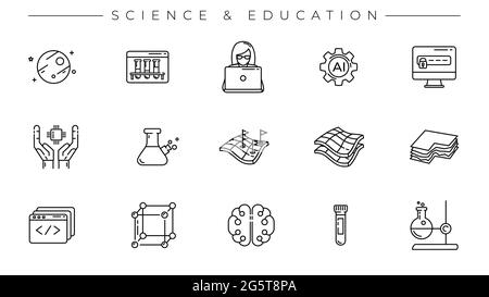 Set di icone vettoriali per lo stile della linea del concetto di scienza e istruzione. Illustrazione Vettoriale