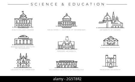 Set di icone vettoriali per lo stile della linea del concetto di scienza e istruzione. Illustrazione Vettoriale