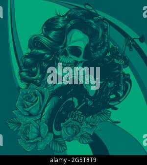 Illustrazione vettoriale Moto con cranio donna e rose Illustrazione Vettoriale
