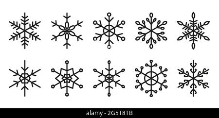 Fiocchi di neve Imposta linea nera silhouette icone simmetriche vettore piatto isolato su sfondo bianco. Carta da imballaggio. Natale modello inverno fiocco di neve. Per il biglietto d'auguri per le festività. Adesivo ed etichetta. Illustrazione Vettoriale