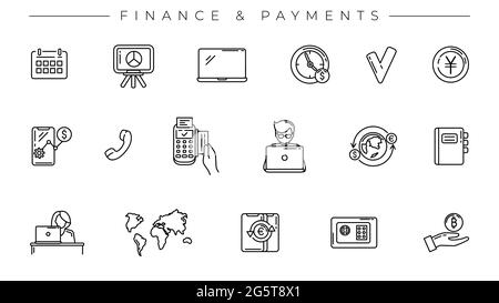 Set di icone vettoriali per lo stile della linea del concetto di finanza e pagamenti. Illustrazione Vettoriale