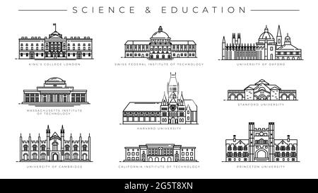 Set di icone vettoriali per lo stile della linea del concetto di scienza e istruzione. Illustrazione Vettoriale