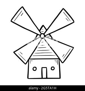 Mulino a vento disegnato a mano. Stile di schizzo Doodle. Linea di disegno icona mulino semplice. Illustrazione vettoriale isolata. Illustrazione Vettoriale