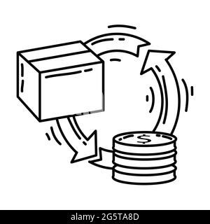 Rimborso eCommerce. Set di icone disegnate a mano, nero contorno, icona doodle, disegno di icone vettoriali. Illustrazione Vettoriale