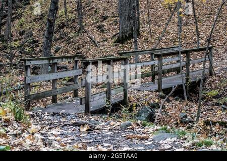 Ponte in legno lungo l'Horizon Rock Trail in Interstate Park, St. Croix Falls, Wisconsin. Foto Stock