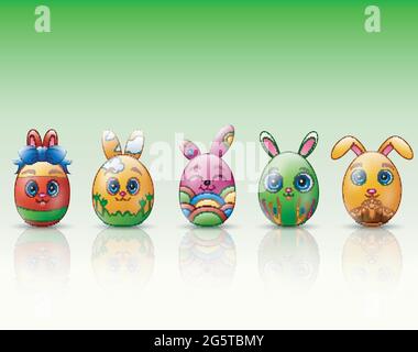 Set di uova di pasqua cartoon carattere con coniglietti orecchie su sfondo verde Illustrazione Vettoriale